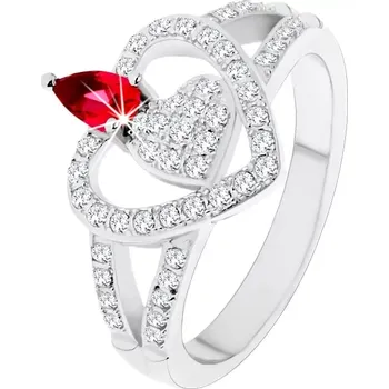 Prsten Stříbrný 925 prsten, dvě čirá zirkonová srdce, blyštivý růžový zirkon - Velikost: 52