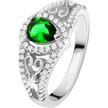 Prsten Prsten ze stříbra 925, zelený slzičkovitý kámen, čiré zirkony, obrysy srdcí - Velikost: 52