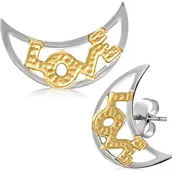 Náušnice Dvoubarevné náušnice z oceli - půlměsíce s nápisem LOVE