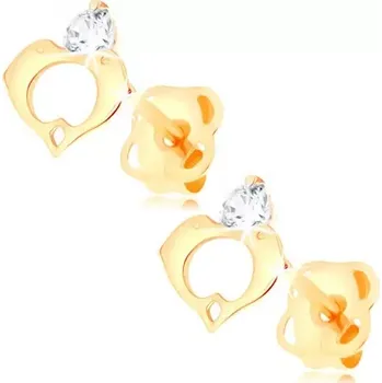 Náušnice Náušnice ve žlutém 14K zlatě - čirý diamant, kontura srdce ze dvou delfínů