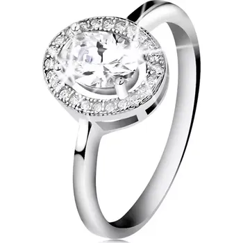 Prsten Stříbrný prsten 925, broušený oválný zirkon, čirý blýskavý lem - Velikost: 58