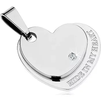 Přívěsek Přívěsek z chirurgické oceli, lesklé dvojité srdce stříbrné barvy, zirkon, nápis