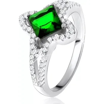 Prsten Prsten ze stříbra 925, šikmo uchycený zelený čtvercový zirkon - Velikost: 57
