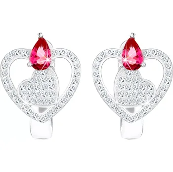 Náušnice Náušnice ze stříbra 925, obrys srdce a plné srdíčko, čiré zirkony, růžovo-červená červená kapka