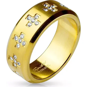 Prsten Prsten z oceli 316L zlaté barvy, čiré zirkonové křížky po obvodu, 8 mm - Velikost: 64