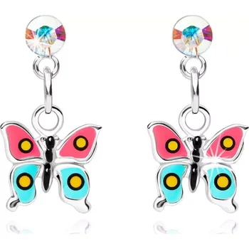 Náušnice Stříbrné 925 náušnice, motýlek s růžovomodrými křídly, krystal Swarovski