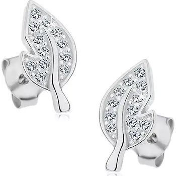 Náušnice Stříbrné náušnice 925, list se zářivými čirými zirkony a výřezem na boku