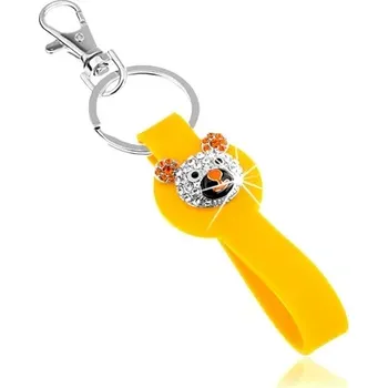 Klíčenka stříbrné barvy, žlutý přívěsek ze silikonu, blyštivá hlava medvídka