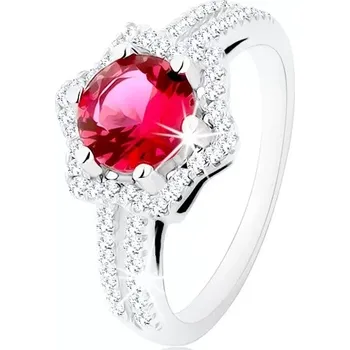 Prsten Stříbrný prsten 925, rozdvojená ramena, hvězdičková kontura, růžový zirkon - Velikost: 49