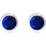Náušnice z bílého 14K zlata - tmavomodrý zirkon v kulaté objímce, puzetky