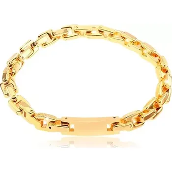Náramek Náramek z chirurgické oceli se známkou, řetěz z hranatých článků, zlatá barva