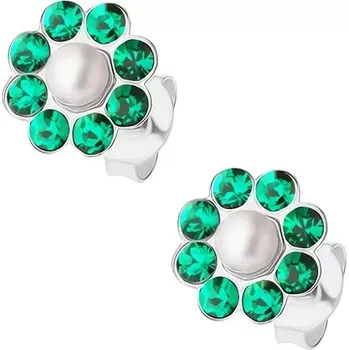 Náušnice Puzetové náušnice - stříbro 925, květ s perličkou a zelenými krystaly Preciosa