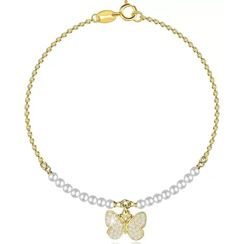 Náramek Stříbrný náramek 925 ve zlatě - motýl s kubickými zirkony, syntetické perly