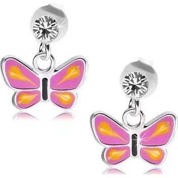 Náušnice Stříbrné náušnice 925, motýl s fialovými křídly, žluté slzičky, čirý krystal