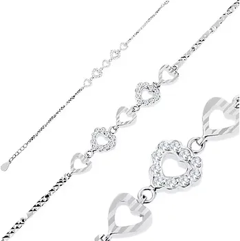 Náramek Náramek, stříbro 925, gravírované články, srdíčka - zářezy a čiré zirkony