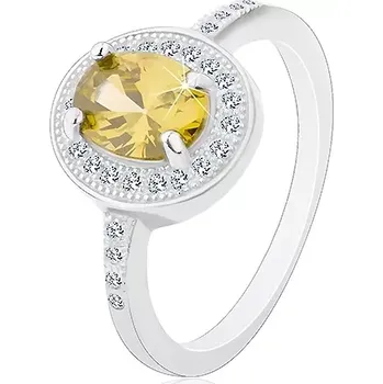 Prsten Rhodiovaný prsten, stříbro 925, oválný světle zelený zirkon, čirý zirkonový lem - Velikost: 61