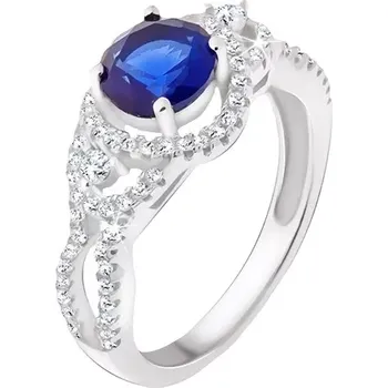 Prsten Stříbrný prsten 925, tmavomodrý kámen, oblé zirkonové linie - Velikost: 56