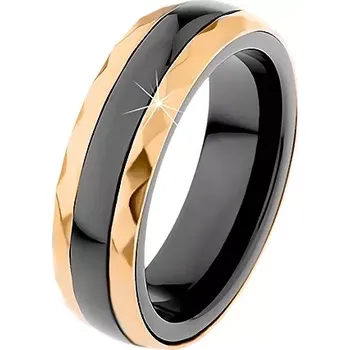 Prsten Keramický prsten černé barvy, broušené ocelové pásy ve zlatém odstínu - Velikost: 52