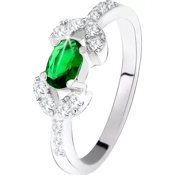 Prsten Stříbrný prsten 925, tmavě zelený oválný kámen, dvě zrnka z čirých zirkonů - Velikost: 55