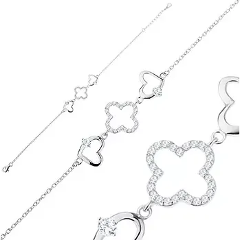 Náramek Stříbrný náramek 925, drobná očka, obrysy srdíček a květu, čiré zirkony