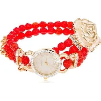 Náramek Analogové hodinky, korálkový červený náramek, ciferník se zirkony, bílá růže