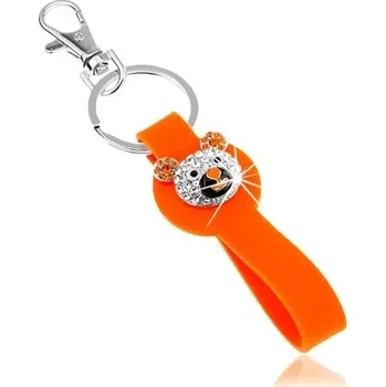 Klíčenka stříbrné barvy, oranžový silikonový přívěsek, třpytivá hlava medvídka