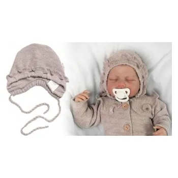 Dětská móda Pletená čepička na zavazování bonetka Girl, Hand Made Baby Nellys, béžová; 56/62 (0-3m)