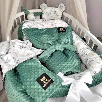 Hnízdečko pro miminko MIMOUŠEK Set do postýlky autorský eucalyptus minky jadeit