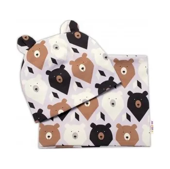 Dětská móda Dvouvrstvá čepice s oušky + komínek Medvědi, hnědá/smetanová; 62-74 (3-9m)