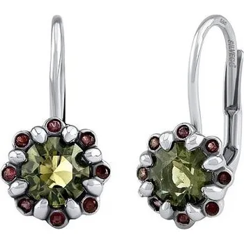 Náušnice Zlaté náušnice Basilie z bílého zlata s přírodním vltavínem a granáty JSW2125EGWVLKL