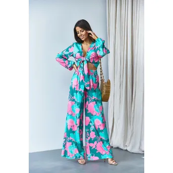 Zelená souprava - zavazovací halenka s široké kalhoty (8175) odstíny zelené L (40)