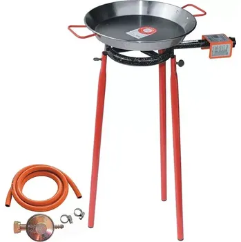 Pánev Set hořák M20 Paella 20 cm jeden okruh s připojením, stojan a pánev leštěná ocel 30 cm (ideální souprava pro grilování a vaření nejen pod širým nebem)