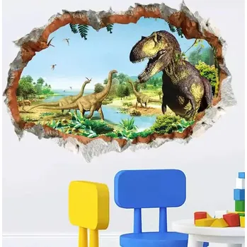 Samolepící dekorace Tapeta na zeď | samolepka na zeď 3D dinosauři - 50 x 70 cm - růžový