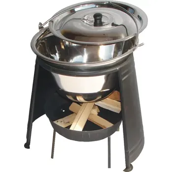 Kempingové nádobí Set závětří plamene 33, kotlík s poklicí nerezový 14 L a ohniště (chránič plamene se nerezový kotlíkem Klasik s poklicí na guláš a přenosné zahradní ohniště)