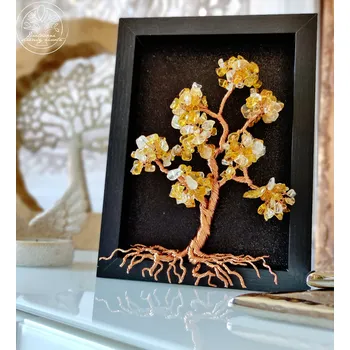 Strom života v rámečku Polodrahokamy - Citrínový Energie slunce 20x15cm Drátované stromy života