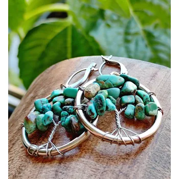 Strom života náušnice s Tyrkysem Ochrana 2cm Drátované stromy života