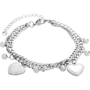 Náramek JSB bijoux s.r.o. Ocelový náramek dva spojené řetízky doplněné o srdíčka a kuličky bez krystalů