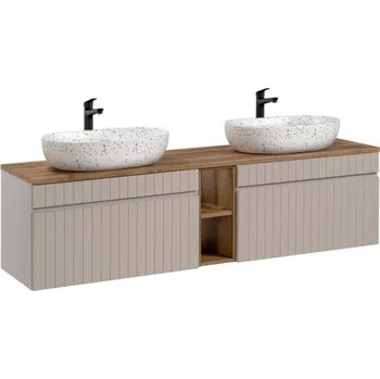 Koupelnový nábytek Set koupelnových skříněk pod umyvadlo ICONIC CASHMERE 180cm s regálem, deskou a umyvadly