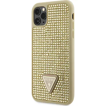Pouzdro na mobilní telefon Guess Rhinestones Triangle Metal Logo Kryt pro iPhone 11 Pro zlatý Guess Rhinestones Triangle Metal Logo ochranný kryt telefonu v kombinaci zadní strany pokryté drobnými kamínky a pružnými PU boky.