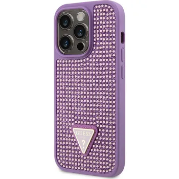 Telefonní příslušenství Guess Rhinestones Triangle Metal Logo Kryt pro iPhone 14 Pro fialový Guess Rhinestones Triangle Metal Logo ochranný kryt telefonu v kombinaci zadní strany pokryté drobnými kamínky a pružnými PU boky.