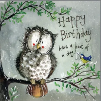 Přání v obálce Hoot of a day, sova od ALEX CLARK 14*14 cm (Blahopřání se sovou, sovy)