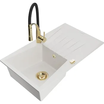 Granitový dřez MEXEN/S - Cesar granitový dřez s odkapávačem včetně baterie Aster, bílá 6514-20-73450-57-G