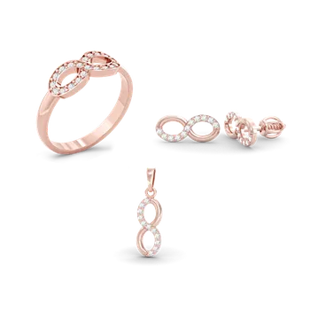 Náramek SOLUNA Sada zlatých náušnic, přívěsku a prstenu nekonečno INFINITY se zirkony růžové zlato VELIKOST: 62 - 19,7 mm