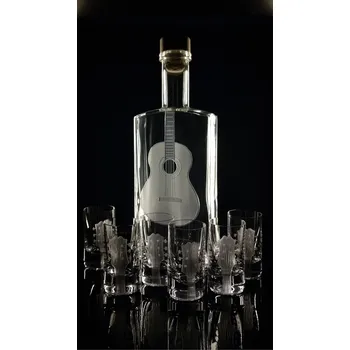 Sklenice lahev na kořalku 0,5l s rytinou španělské kytary +6ks likér - ručně ryté (broušené) dárková krabička, dárek pro hudebníka