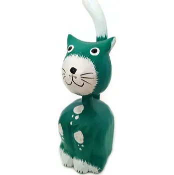 Kočka sedící Soška zelená / Dřevo 15 cm