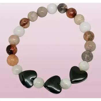 Náramek Náramek ze zkamenělého dřeva s hematitovými srdíčky