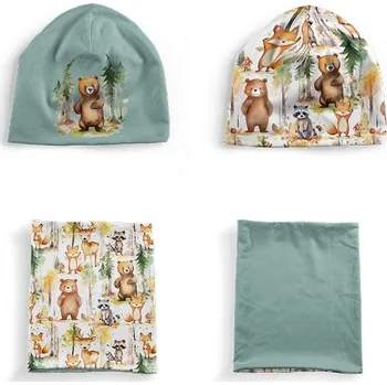 Panel se střihem S funkční úplet set čepice a nákrčník lesní dobrodružství zvířátek