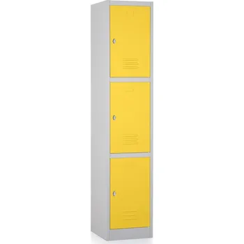 Šatní skříň Kovová šatní skříňka - 3 boxy, 38 x 45 x 185 cm, otočný zámek, žlutá - ral 1023