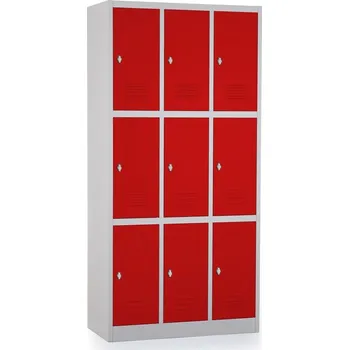 Šatní skříň Kovová šatní skříňka - 9 boxů, 90 x 45 x 185 cm, otočný zámek, červená - ral 3000