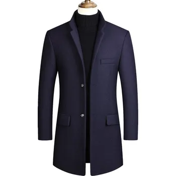 Pánský zimní kabát Vlněný pánský kabát slim se stojáčkem - XS Barva: Tmavě Modrá, Velikost: XS